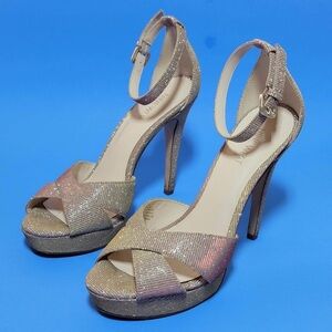 Nine West Sparkle Bling Ankle Strap Decorao Criss Cross Peep Toe Heels